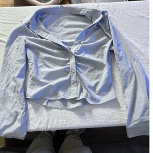 SHEIN Ruched Button Front Collared Long Sleeve Shirt Light Blue Women's Size M